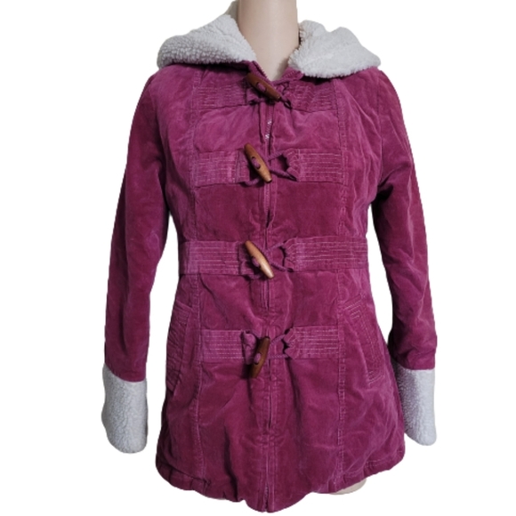 Salt & Pepper Fucshia Corduroy and Sherpa Hooded Winter Jacket Size Women Small - Picture 1 of 12